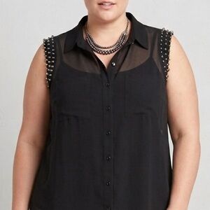 FREDERICKS OF HOLLYWOOD Black Sheer Bead & Crystal Accents Sleeveless Top Large